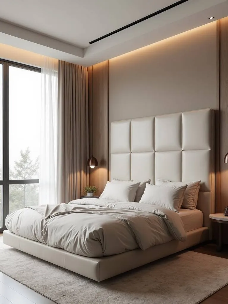 A minimalist modern bedroom featuring a large statement headboard with neutral bedding