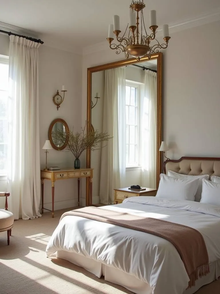 An elegant and spacious bedroom with a decorative mirror enhancing the light