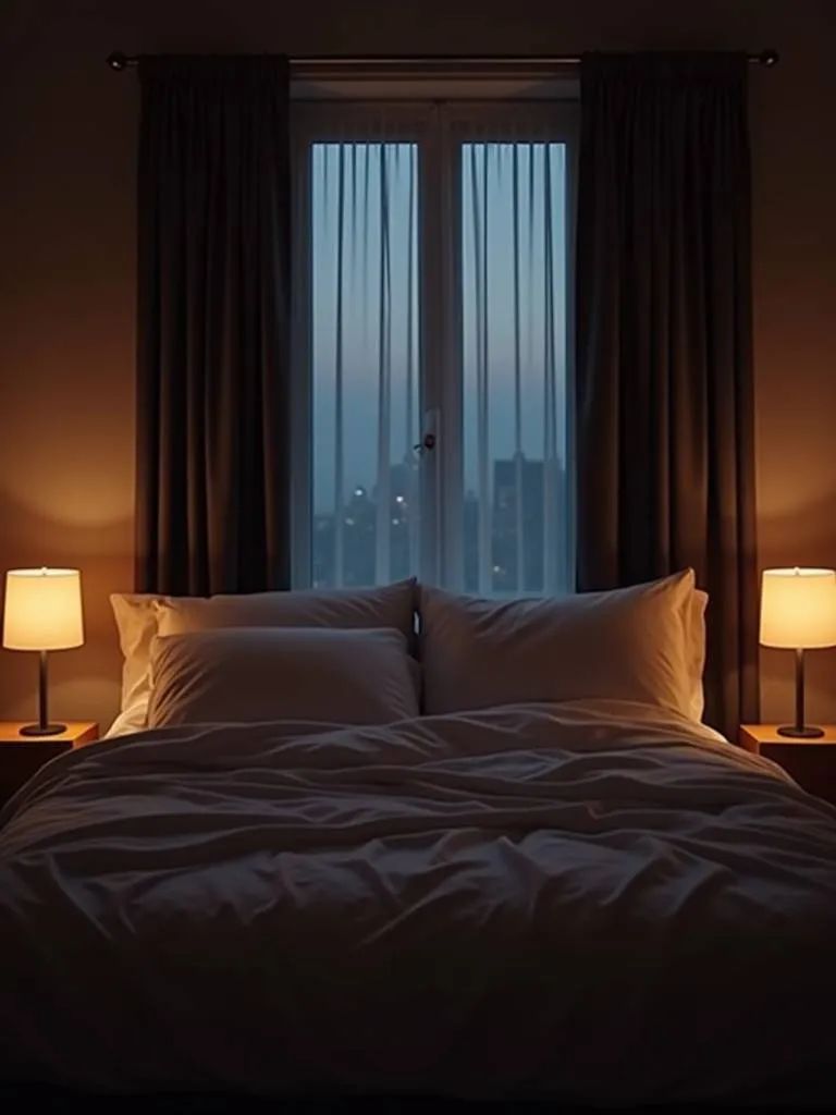 A calm and restful bedroom with blackout curtains for a dark and cozy atmosphere