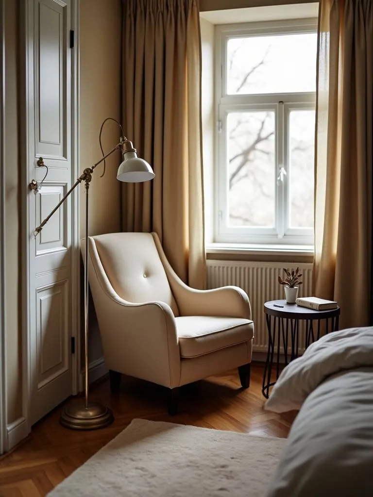 A warm and inviting bedroom with a comfortable armchair and reading nook