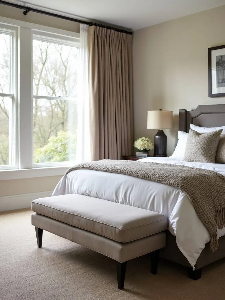 A refined bedroom featuring an ottoman or bench at the foot of the bed