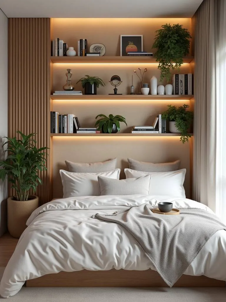A curated bedroom featuring styled bookshelves with a variety of items