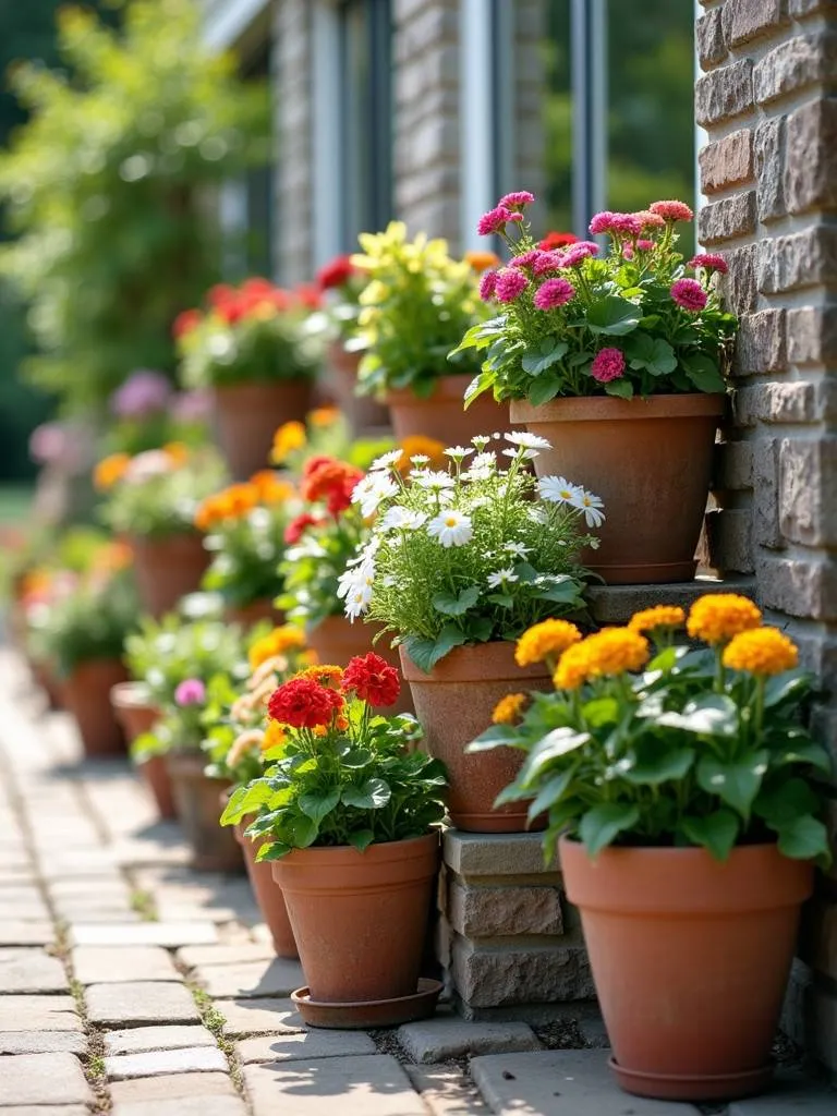 A tiered set of flower pots filled with colorful flowers on a patio.