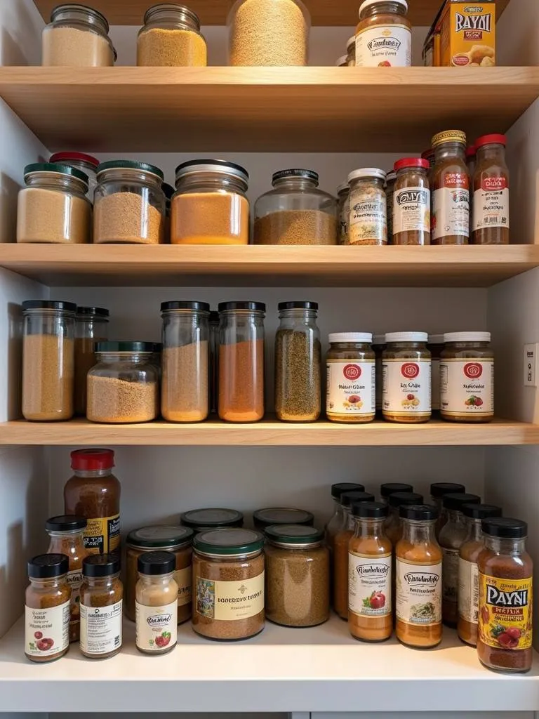 A tiered shelf organizer on a pantry shelf with spices and canned goods