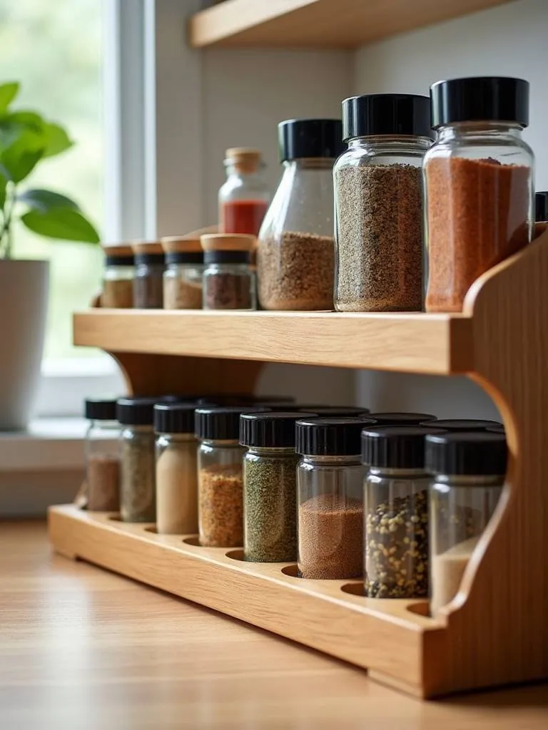 Image of a tiered spice rack holding various spice bottles arranged for easy visibility and access