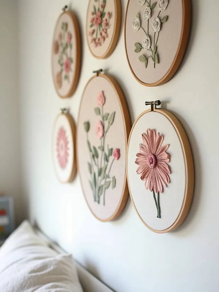A bedroom wall featuring fabric scraps displayed in embroidery hoops, adding a unique and textured element