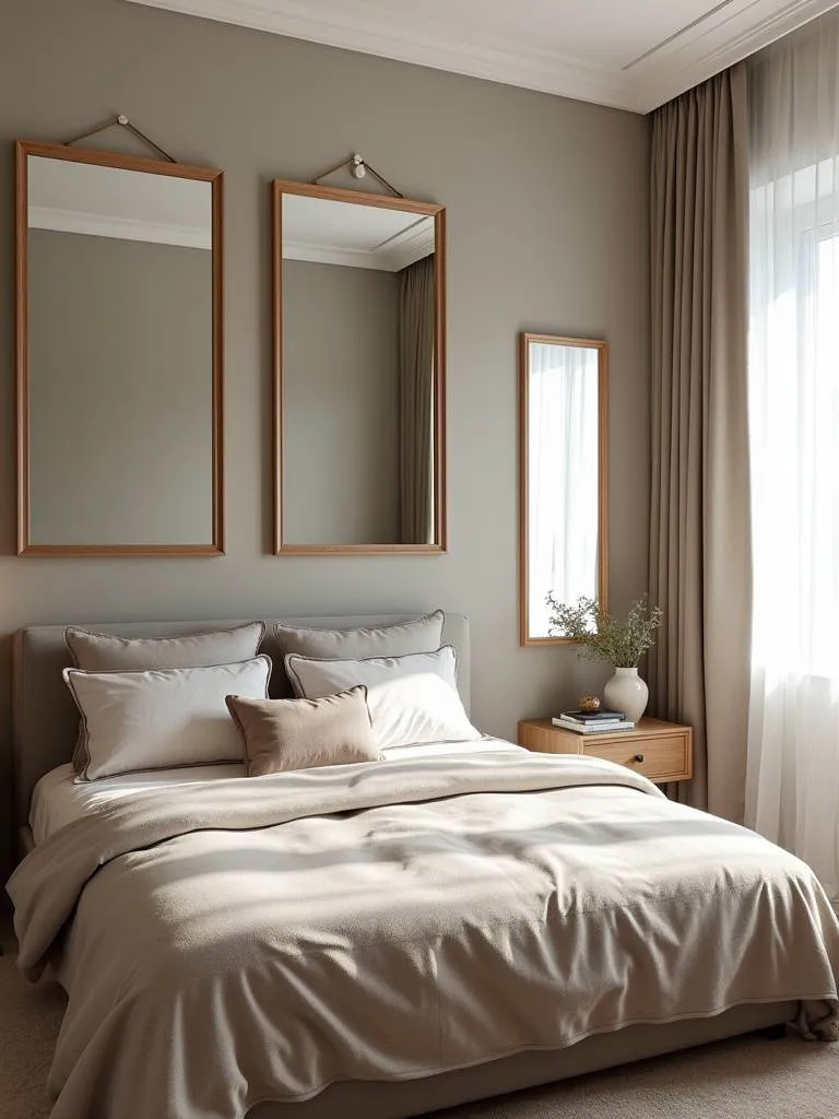 An elegant bedroom with mirrors placed to amplify light and create a spacious feel, enhancing the overall ambiance.