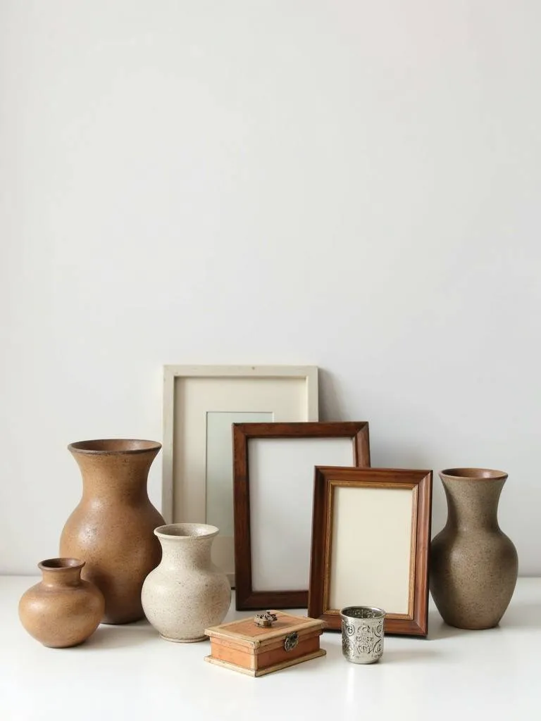 A studio shot of a variety of thrift store finds including vases, picture frames, a box and a candle holder
