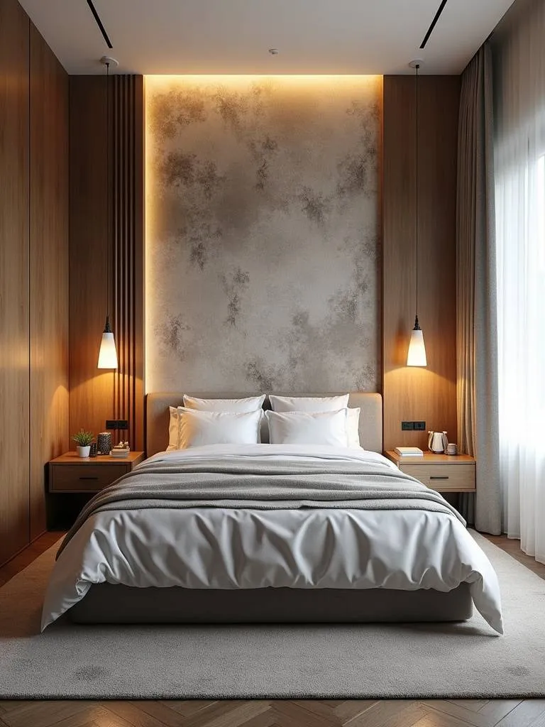 A well designed bedroom uses wallpaper on a focal wall as a design element that enriches its style and personality.