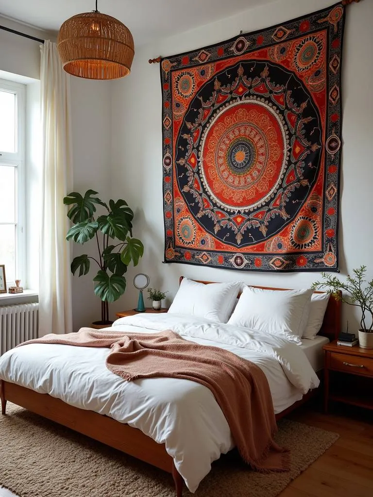 A bedroom scene featuring a large, patterned tapestry hanging above the bed, adding color and texture to the room