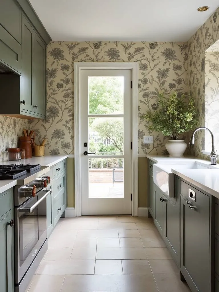 A transformed kitchen interior featuring stylish wallpaper as a key design element.