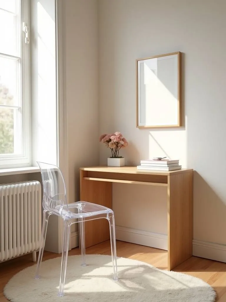 A small minimalist bedroom using transparent furniture accents like a clear lucite chair.