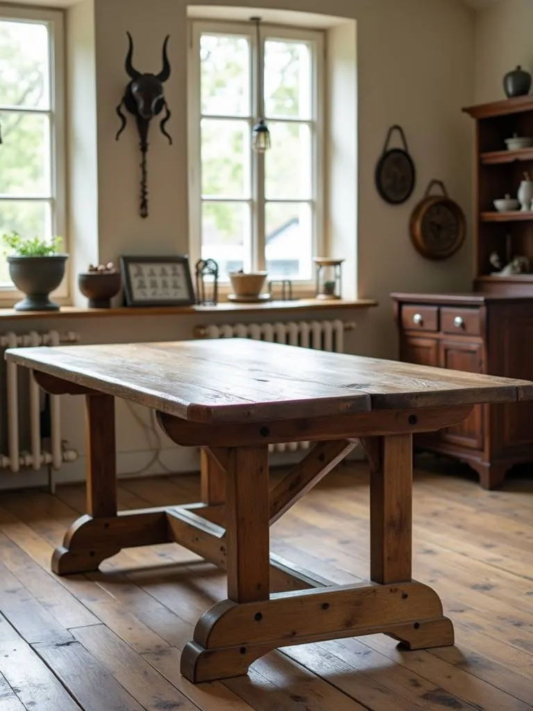 A trestle base farmhouse table in a sunlit rustic-style dining room with antique-inspired decor