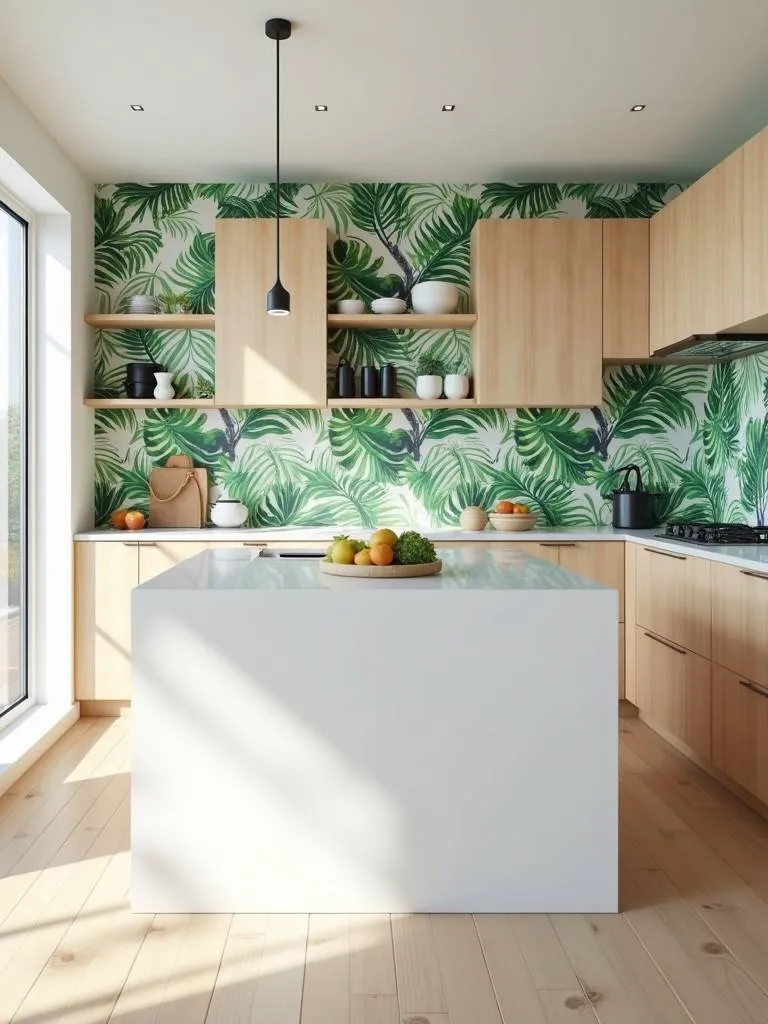 A kitchen space with tropical leaf pattern wallpaper