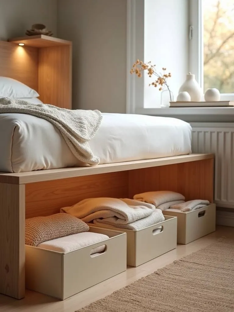 Angled floor-level view of under bed storage bins filled with clothing.
