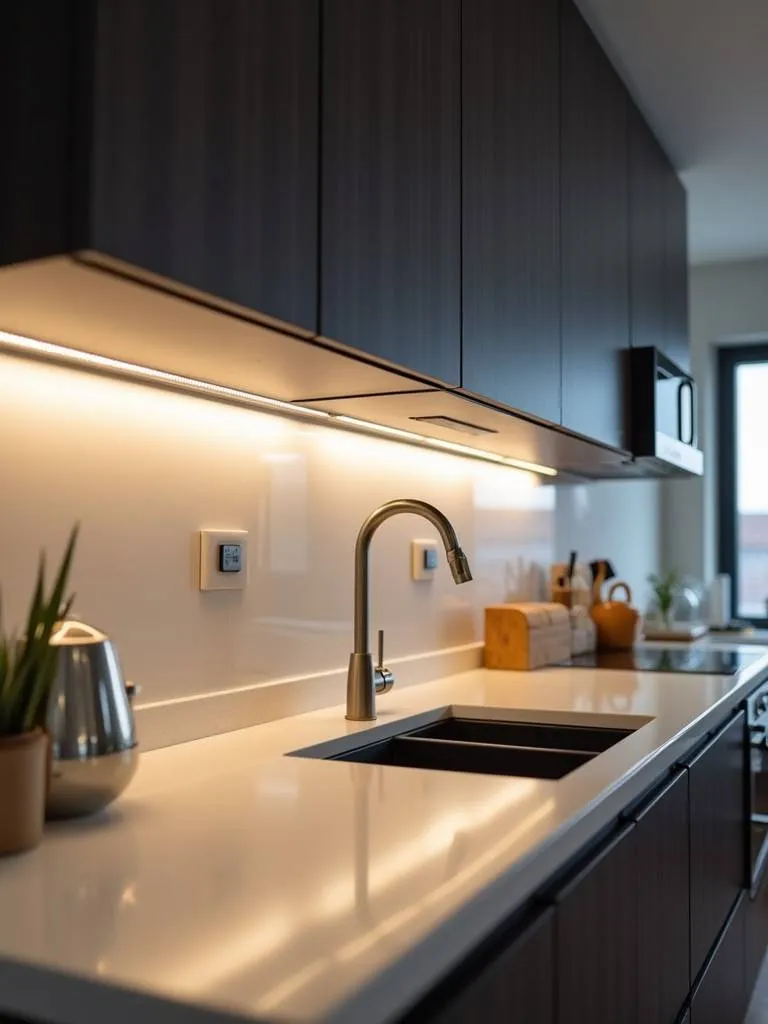 Modern kitchen with under cabinet lighting.