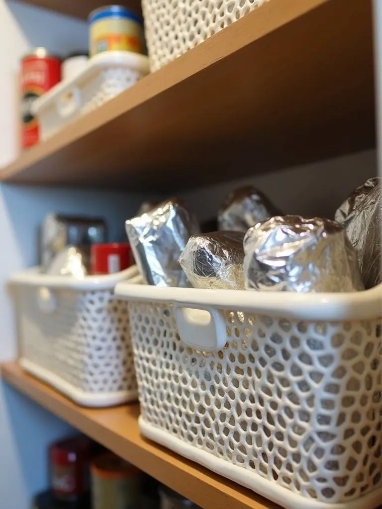 Under-shelf baskets holding foil and wraps in a pantry