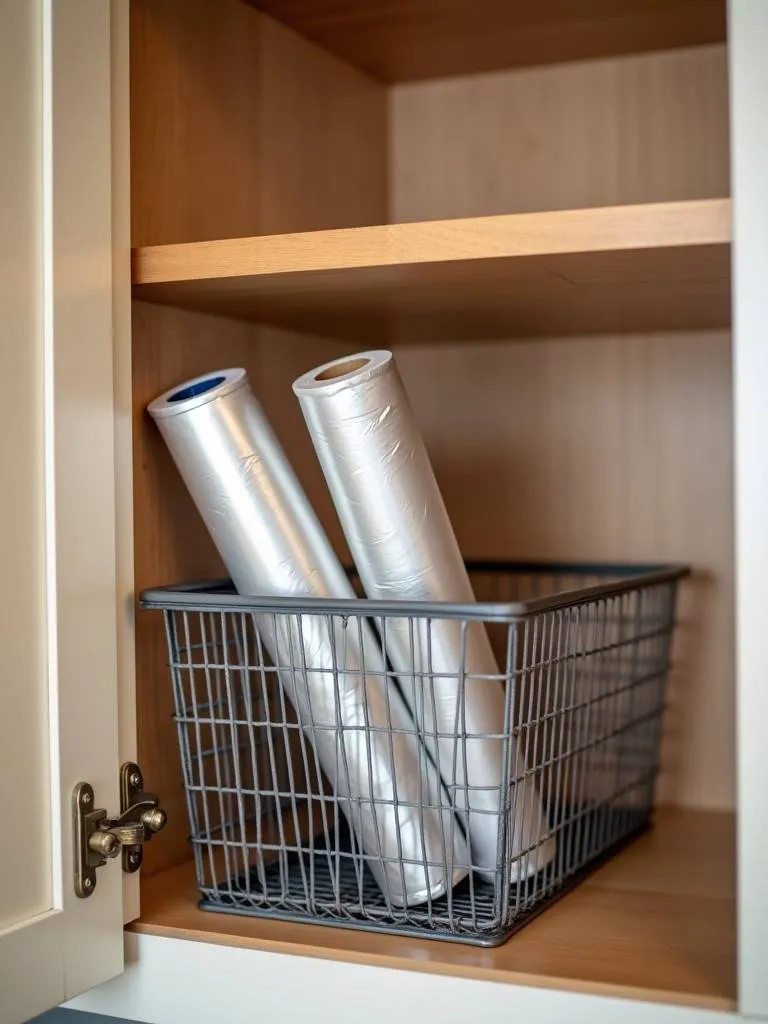 An under-shelf basket in a kitchen cabinet containing foil and plastic wrap