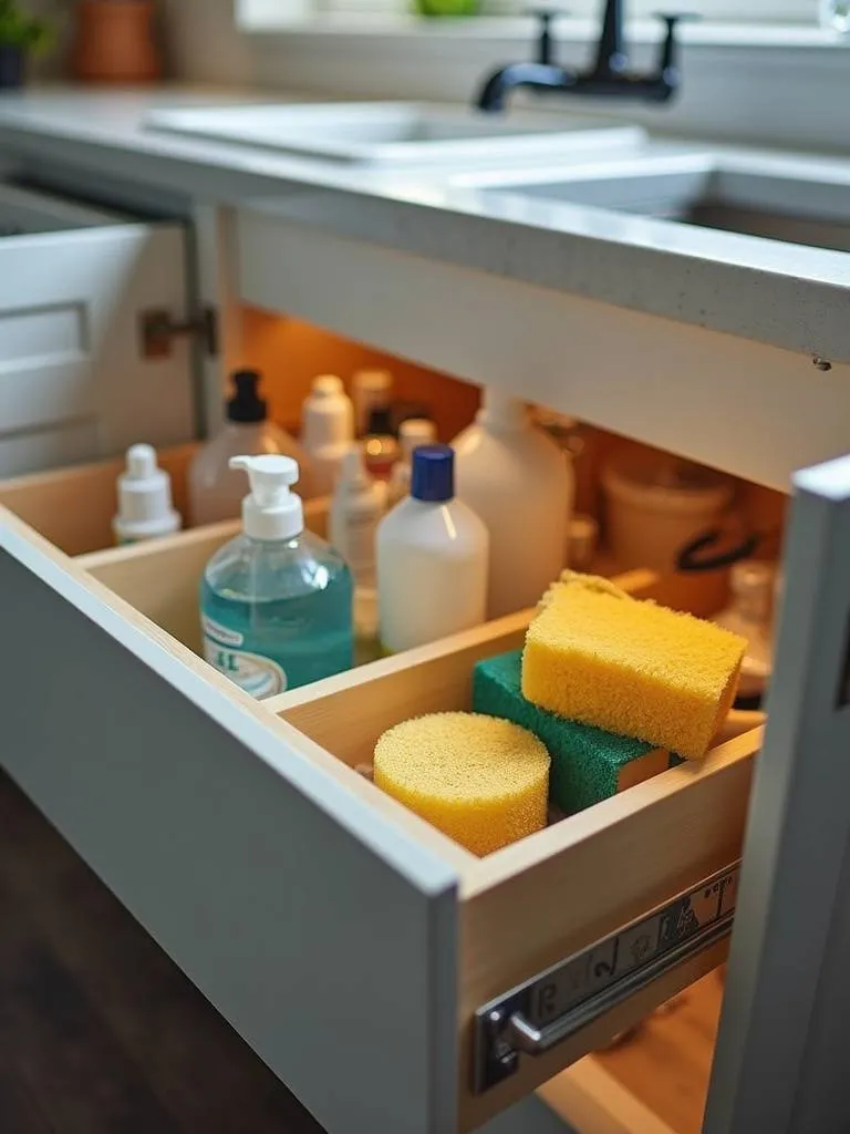under sink pull-out drawers containing cleaning supplies