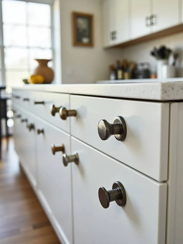 A close up image of unique cabinet hardware details in a stylish kitchen.
