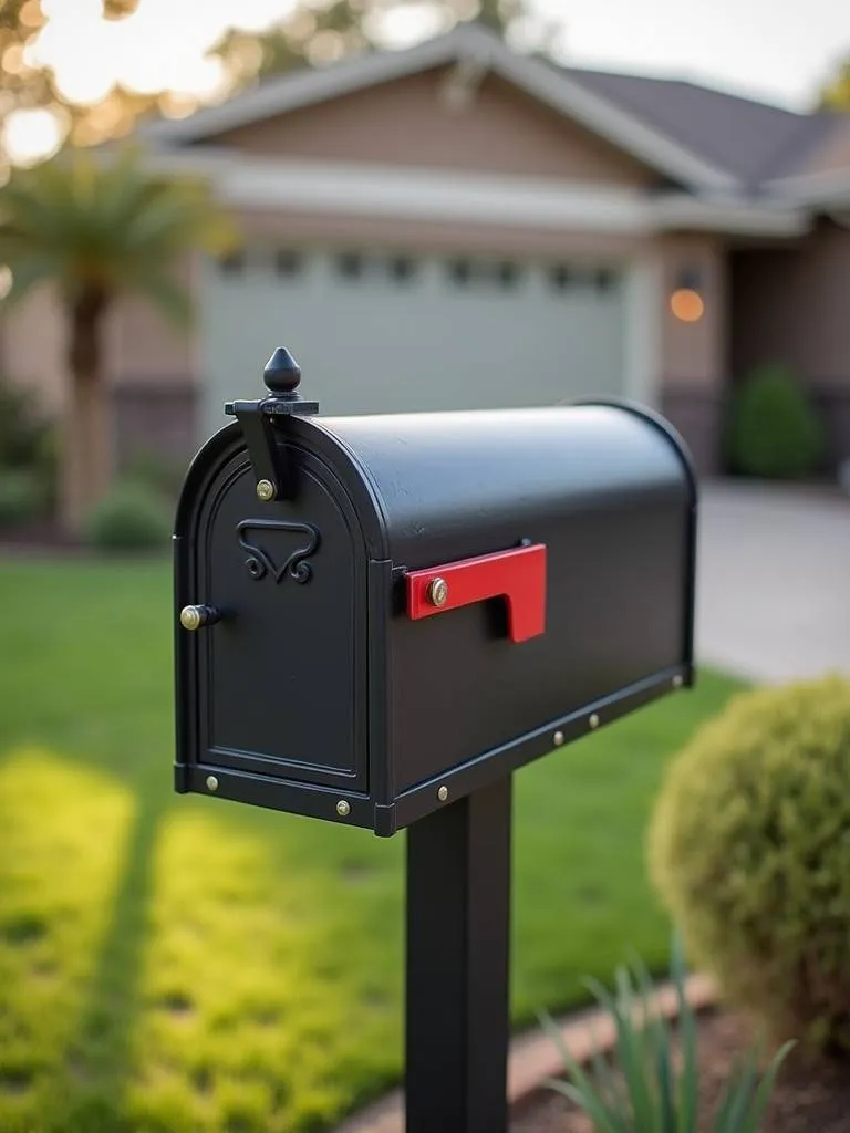 A uniquely designed mailbox on a post in a front yard.