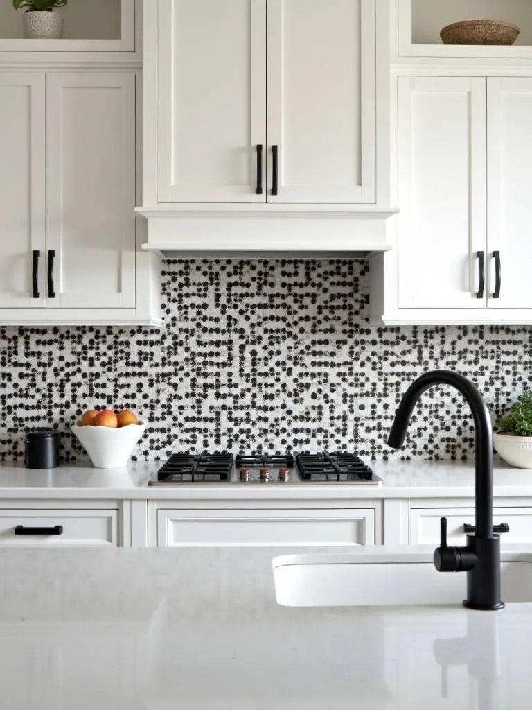 A kitchen with white cabinets and a unique penny tile backsplash