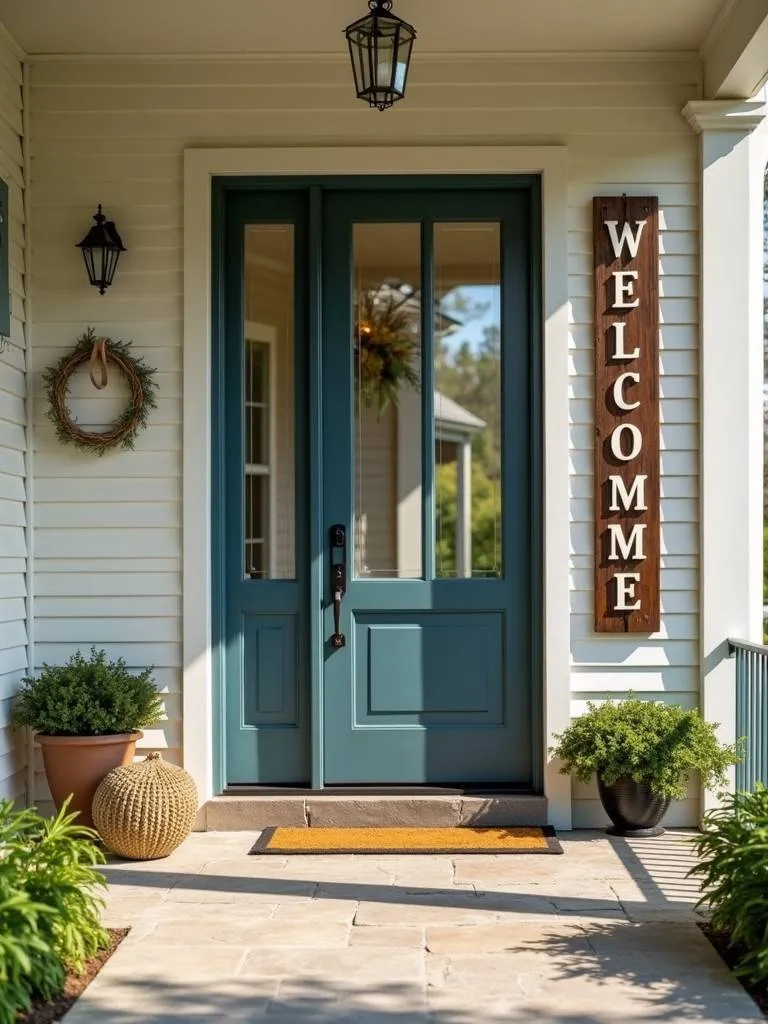 A front porch with a unique welcome sign mounted by the front door.
