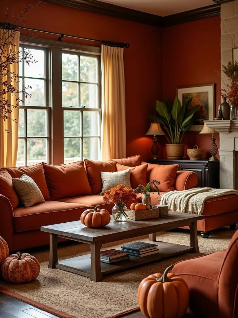 A living room with autumn decor featuring orange, red, and brown color palettes.