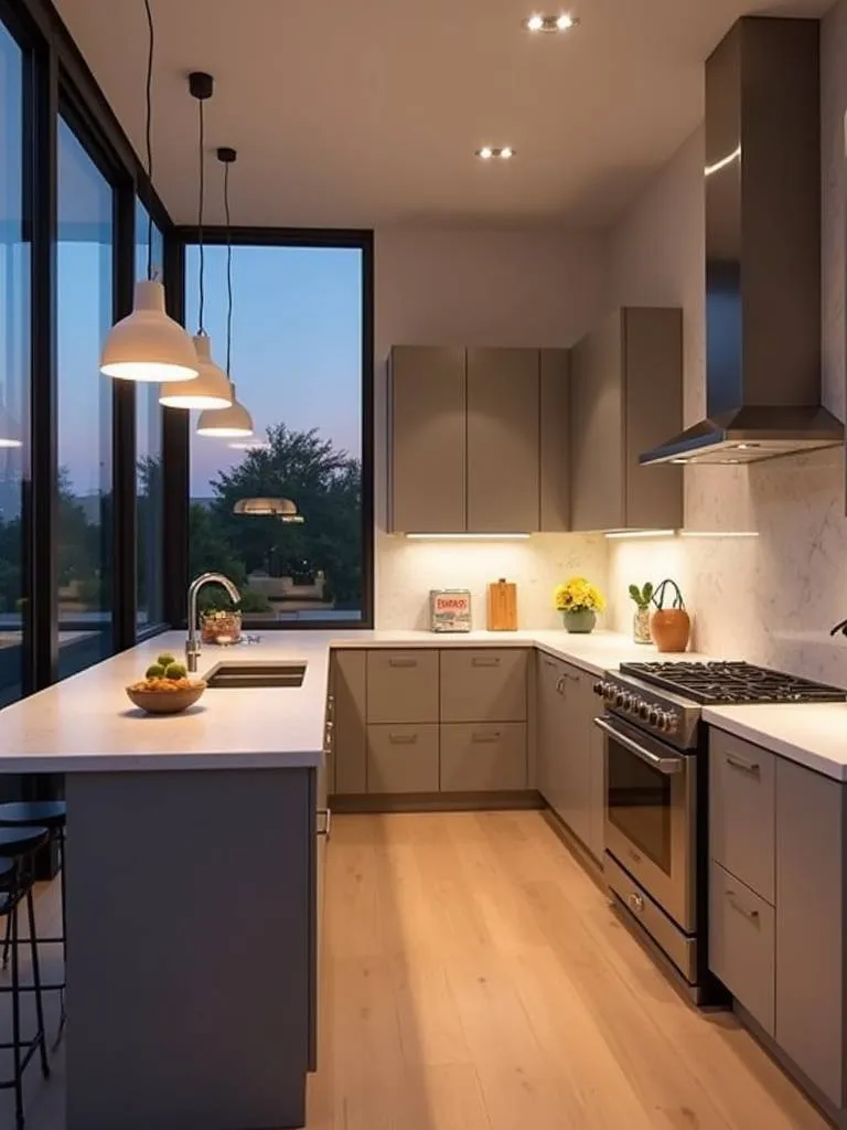 Modern kitchen at dusk showcasing layered lighting.