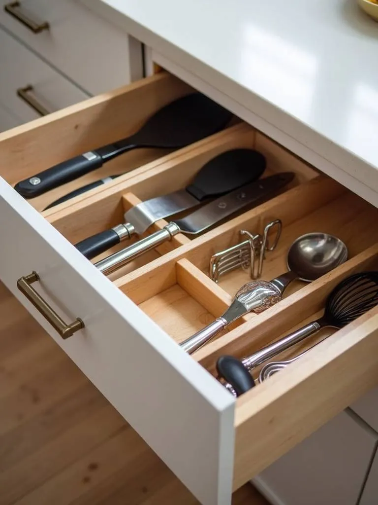 small kitchen drawer with drawer dividers and organizers, showcasing efficient storage for utensils and cookware
