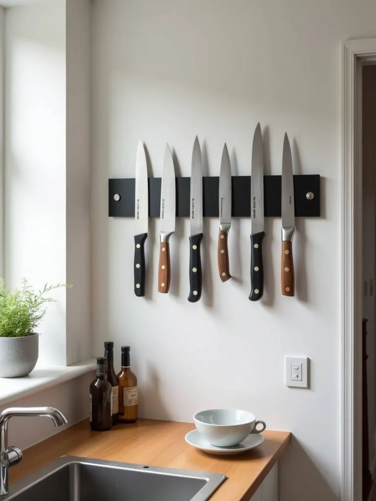small kitchen featuring a magnetic knife strip on the wall, showing a clean and space-saving way to store knives