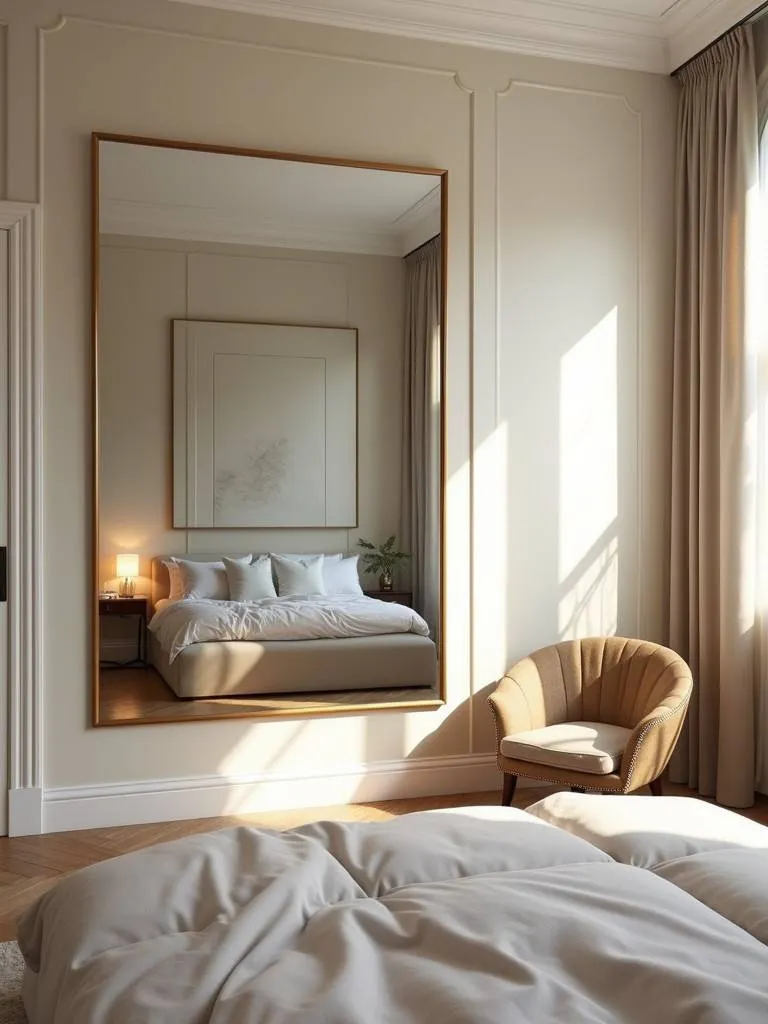 Bedroom featuring a large wall mirror that reflects light