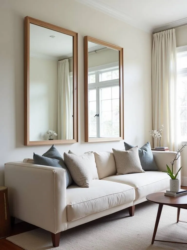 A spacious living room featuring a large mirror reflecting light from a window.