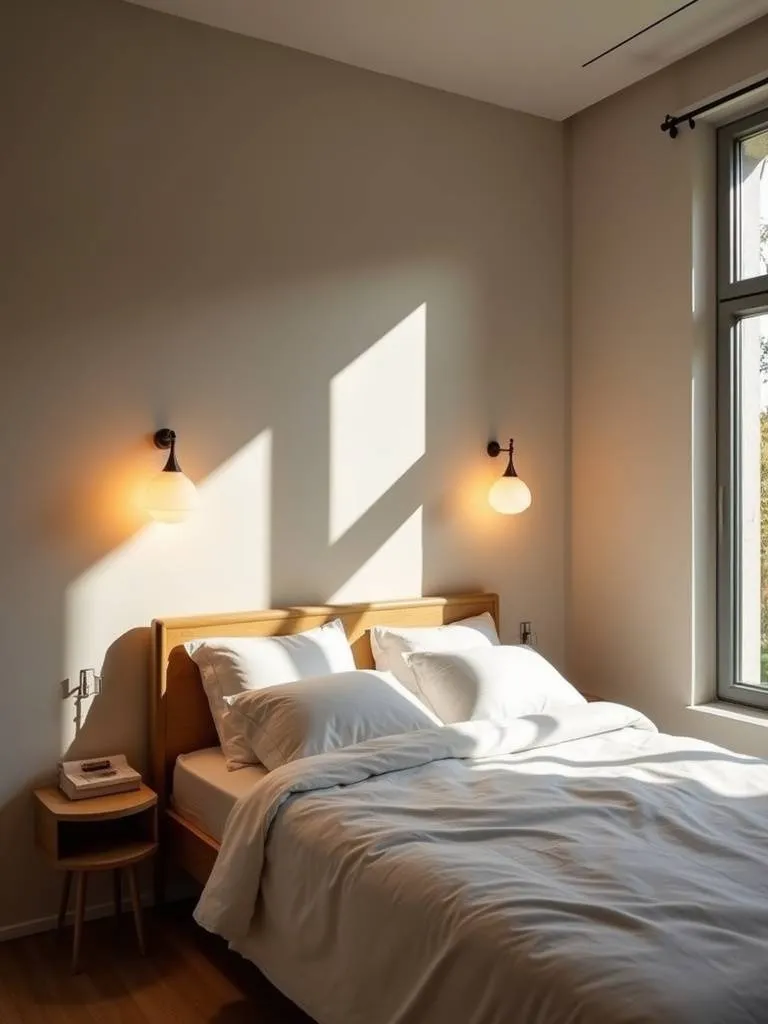 A compact bedroom using wall-mounted lights to save space and provide gentle lighting.