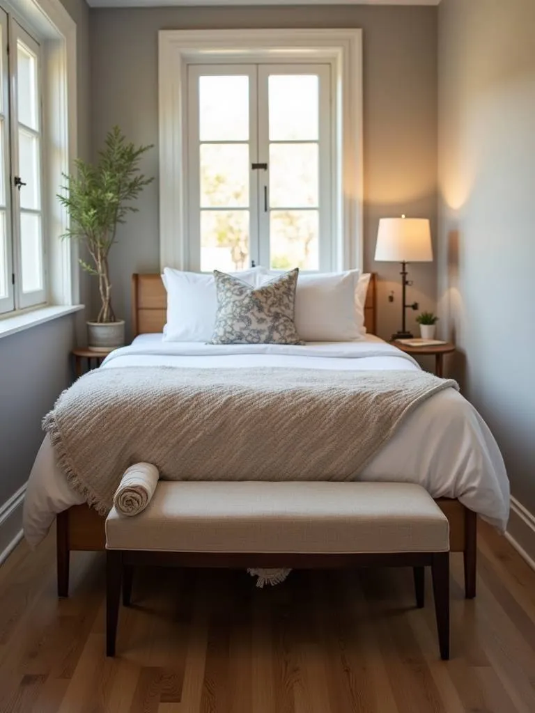 A small well organized bedroom showing an end of bed bench with decorative cushions.