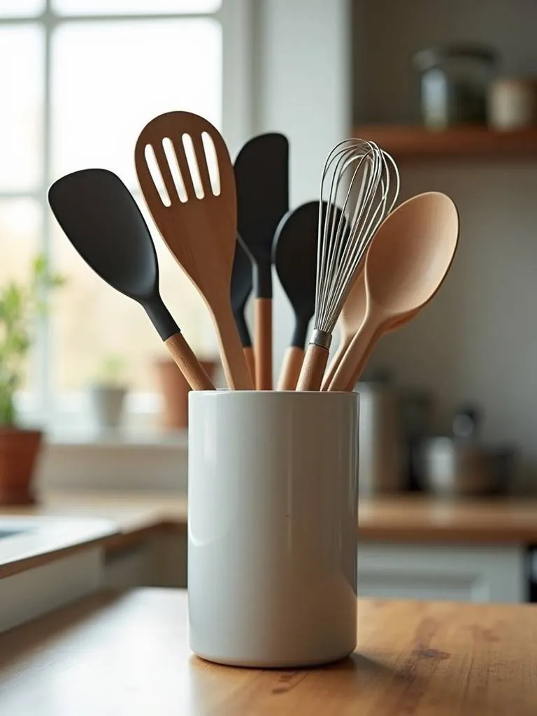 A utensil holder filled with various kitchen tools on a counter