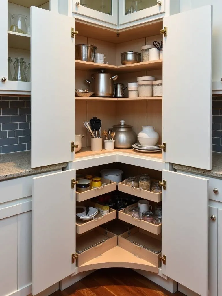 Small kitchen corner cabinet with pull-out shelves and a lazy Susan, showcasing smart use of the corner space for organized storage.