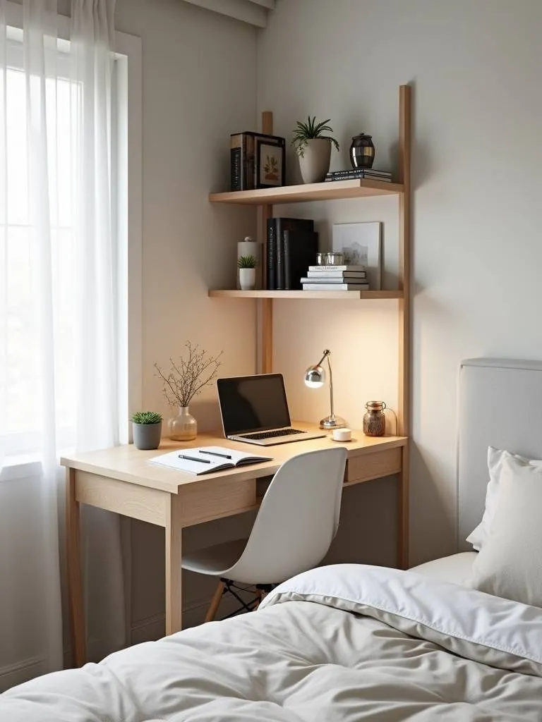 Small minimalist bedroom with a light wood desk utilizing corner space.