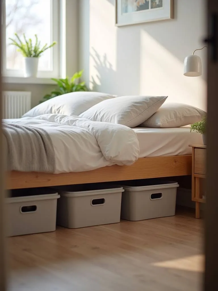 A low angle, shot of underbed storage bins with an organized and clean aesthetic.