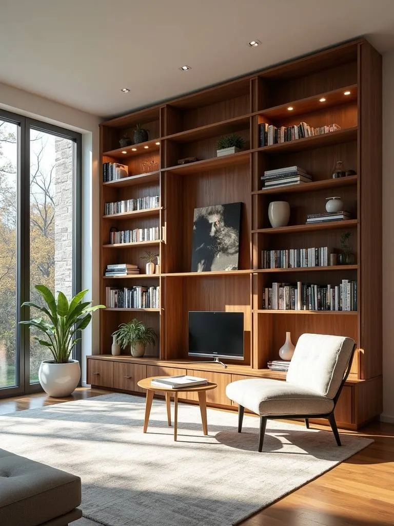 A living room with tall bookshelves maximizing the vertical wall space.