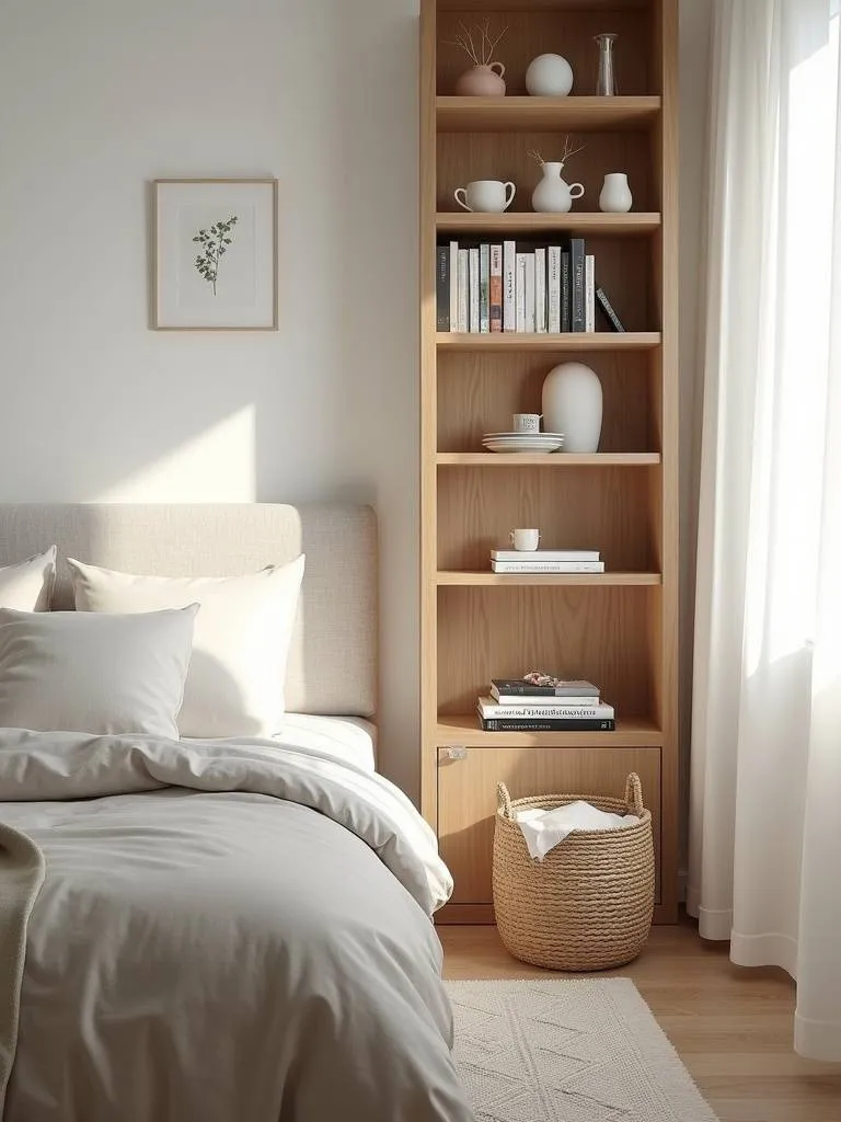 A small scandinavian designed bedroom with a light wood tall narrow bookcase.