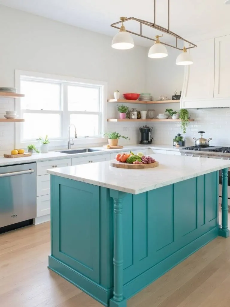 Professional, wide-angle, high-resolution photo of a modern white kitchen with a vibrant teal kitchen island. The island has a white marble countertop. Pendant lighting adds a warm glow to the space. Use a medium camera angle to capture the entire kitchen. No people
