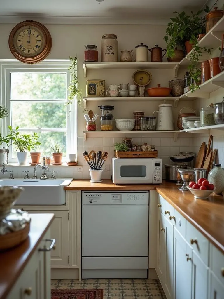 A stylish kitchen with carefully placed vintage accents for a unique feel.