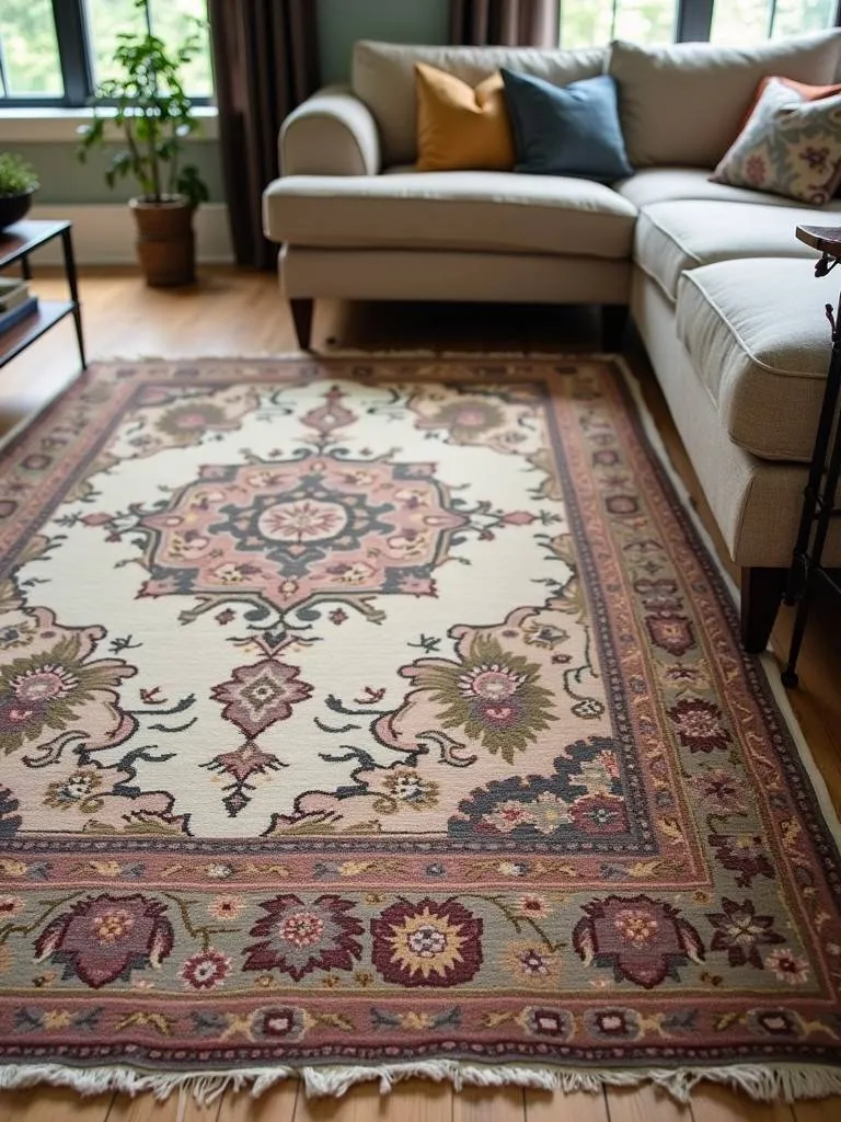 A vintage area rug in a rustic living room setting.