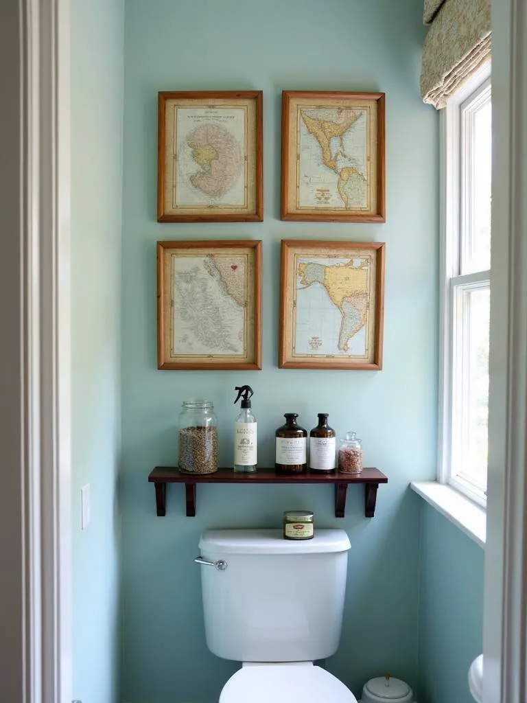 A traditional bathroom with framed nautical maps above a wooden shelf.
