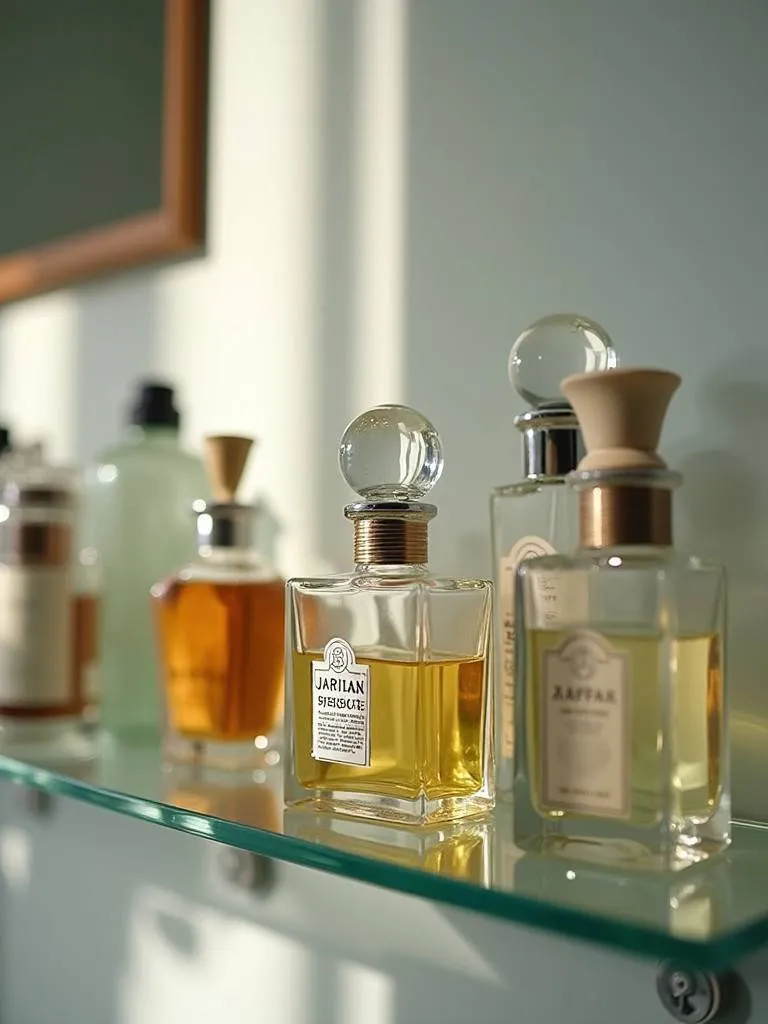 A glass shelf in a bathroom with a collection of vintage perfume bottles
