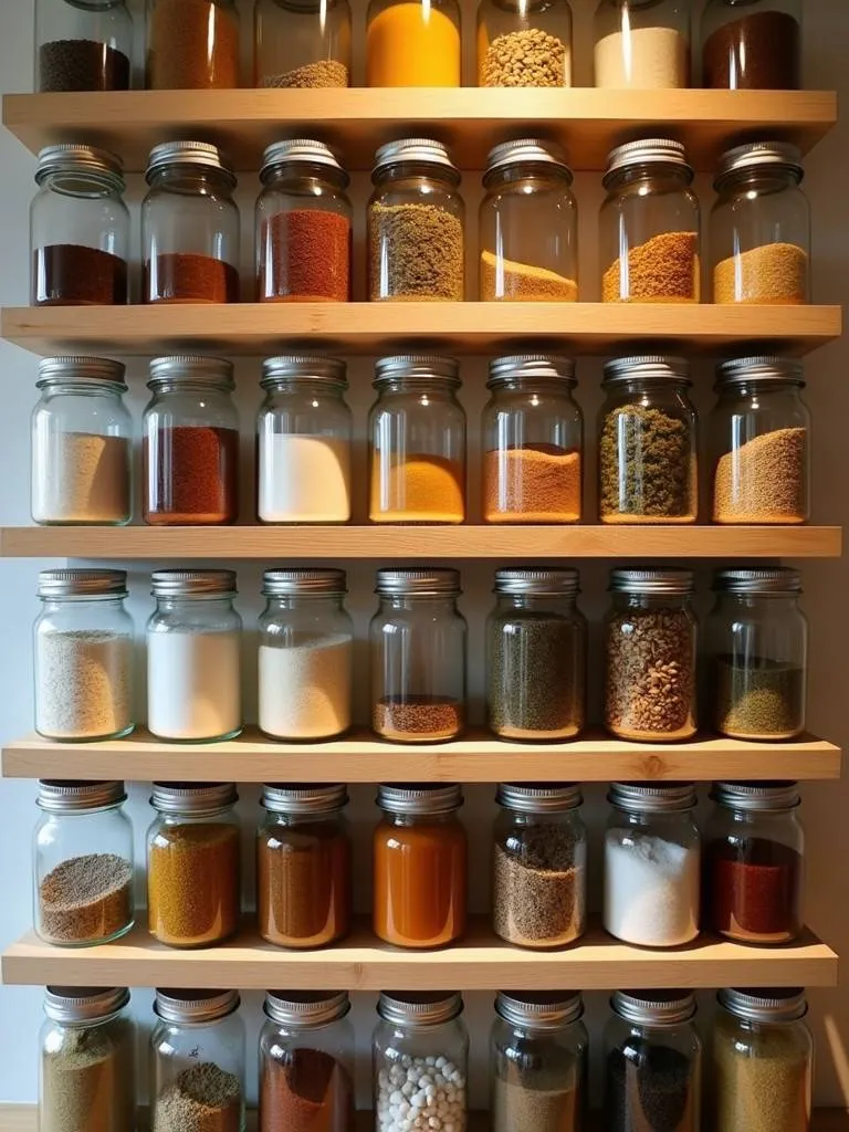 A wall-mounted jar rack filled with jars of spices