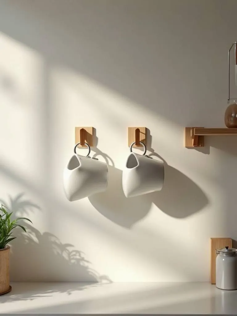 Image of wall-mounted mug hooks displaying mugs on a kitchen wall