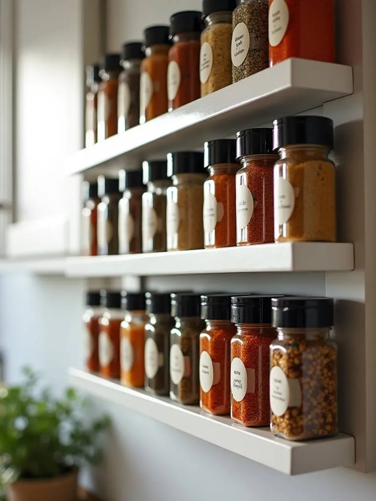 A wall-mounted spice rack holding an array of colorful spice jars.