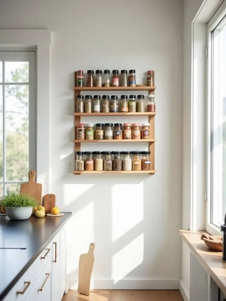 Image of a wall-mounted spice rack attached to a kitchen wall displaying various spice jars
